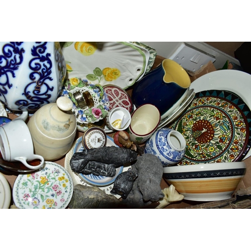 486 - THREE BOXES OF CERAMICS AND GLASS to include Foley china 'Fern' tea wares by Maureen Tanner, Midwint... 