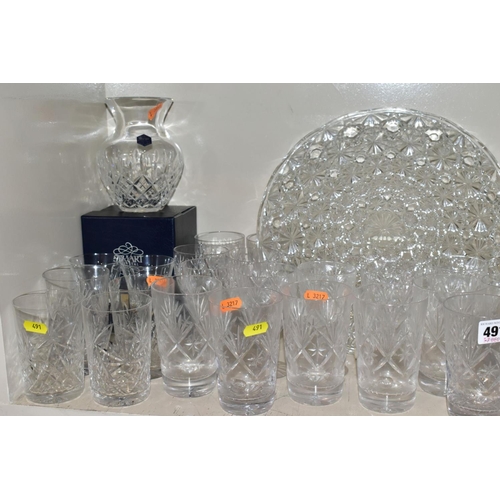 491 - A QUANTITY OF CUT AND PRESSED GLASS ETC, to include whisky, wine and tumbler glasses, bowls, comport... 