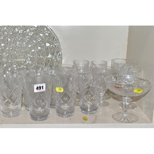 491 - A QUANTITY OF CUT AND PRESSED GLASS ETC, to include whisky, wine and tumbler glasses, bowls, comport... 