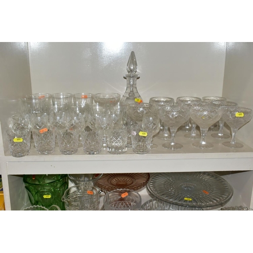 491 - A QUANTITY OF CUT AND PRESSED GLASS ETC, to include whisky, wine and tumbler glasses, bowls, comport... 