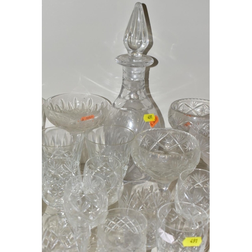 491 - A QUANTITY OF CUT AND PRESSED GLASS ETC, to include whisky, wine and tumbler glasses, bowls, comport... 