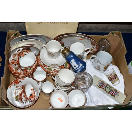 492 - FOUR BOXES OF CERAMICS, GLASS AND METAL WARES, ETC, to include Wellington china teawares, Royal comm... 