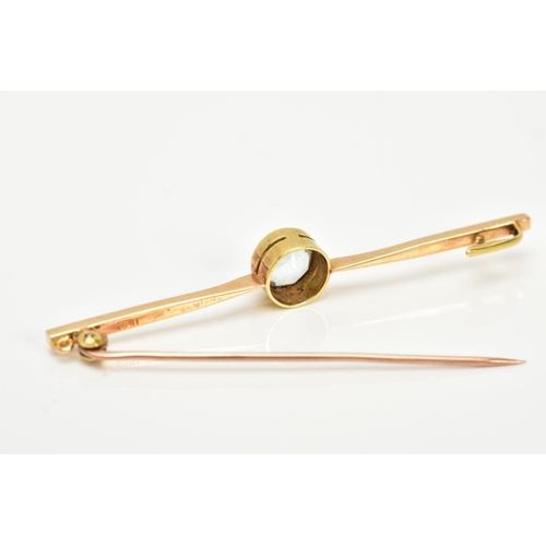 50 - A YELLOW METAL BAR BROOCH, the plain polished bar set with a single, circular cut colourless stone a... 