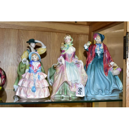 501 - FIVE ROYAL DOULTON FIGURES, 'Suzette'  HN2026, 'Lady Charmian' HN1948, 'Fair Lady' HN2193, 'Buttercu... 