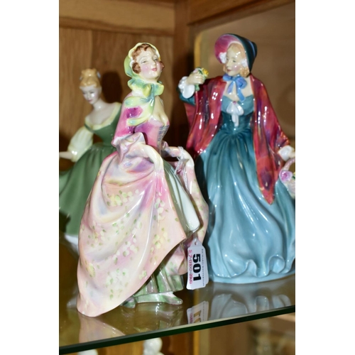 501 - FIVE ROYAL DOULTON FIGURES, 'Suzette'  HN2026, 'Lady Charmian' HN1948, 'Fair Lady' HN2193, 'Buttercu... 