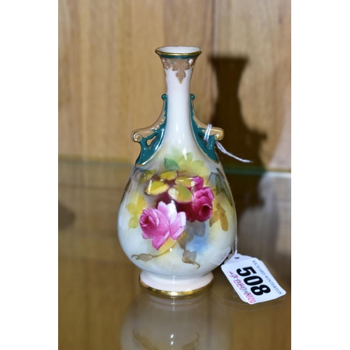 508 - A SMALL ROYAL WORCESTER HADLEYS BUD VASE, H288, hand painted roses on ivory ground, pierced decorati... 