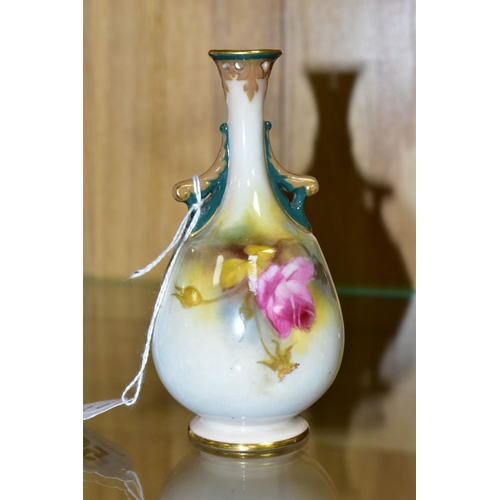 508 - A SMALL ROYAL WORCESTER HADLEYS BUD VASE, H288, hand painted roses on ivory ground, pierced decorati... 