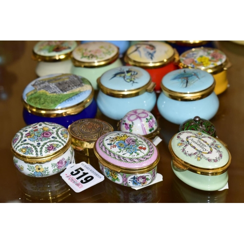 519 - VARIOUS ENAMEL BOXES,to include two Halcyon Days floral designs, (both covers loose), Staffordshire ... 