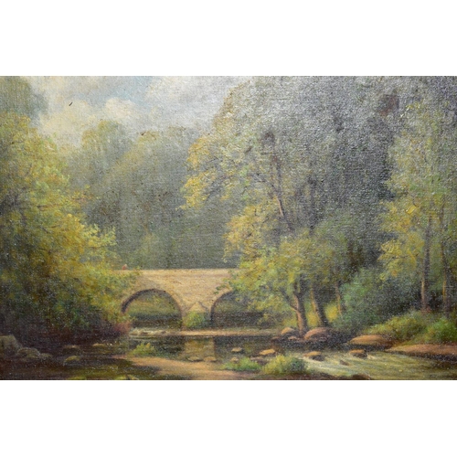 530 - FREDERICK WILLIAM REAVELEY, (1870-1950), woodland lansdcape with stream flowing under a bridge, oil ... 