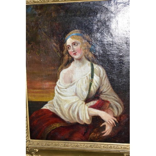 535 - A SEATED PORTRAIT OF A FEMALE FIGURE, wearing Georgian style dress, unsigned oil on canvas, framed s... 