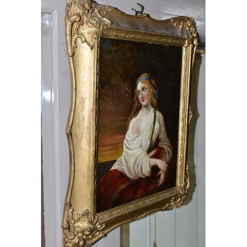 535 - A SEATED PORTRAIT OF A FEMALE FIGURE, wearing Georgian style dress, unsigned oil on canvas, framed s... 