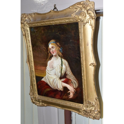 535 - A SEATED PORTRAIT OF A FEMALE FIGURE, wearing Georgian style dress, unsigned oil on canvas, framed s... 