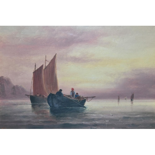 539 - SARAH LOUISE KILPACK (CIRCA 1840-1909) fishing boats on a calm sea, signed bottom left, oil on board... 