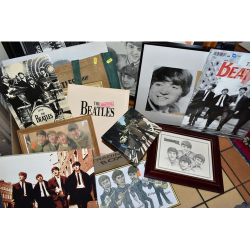 544 - BEATLES MEMORABLIA, to include pictures, photographs, canvas bag etc (box and loose)