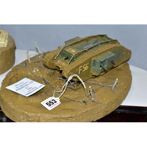 553 - TWO WWI BATTLE SCENE DIORAMAS, 1/35 scale, scenes featuring Emhar models of the MK.5 'Hermaphrodite'... 