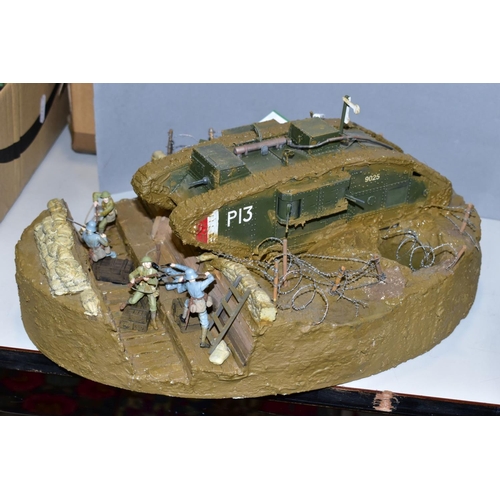 553 - TWO WWI BATTLE SCENE DIORAMAS, 1/35 scale, scenes featuring Emhar models of the MK.5 'Hermaphrodite'... 