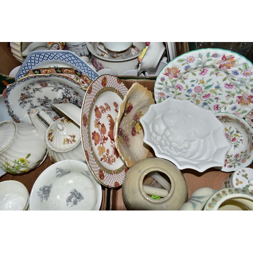 560 - SEVEN BOXES AND LOOSE CERAMICS, GLASS, LINEN ETC, to include Herend square pierced edge dish, Minton... 