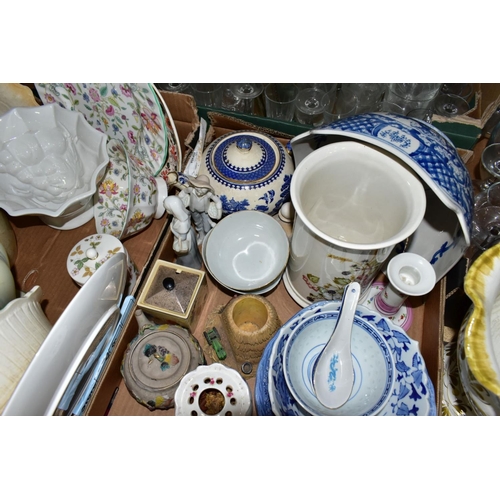 560 - SEVEN BOXES AND LOOSE CERAMICS, GLASS, LINEN ETC, to include Herend square pierced edge dish, Minton... 