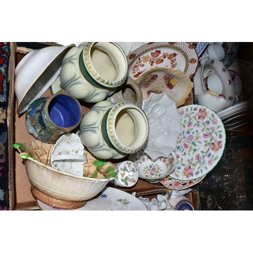 560 - SEVEN BOXES AND LOOSE CERAMICS, GLASS, LINEN ETC, to include Herend square pierced edge dish, Minton... 