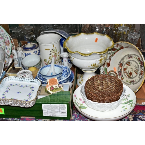 560 - SEVEN BOXES AND LOOSE CERAMICS, GLASS, LINEN ETC, to include Herend square pierced edge dish, Minton... 