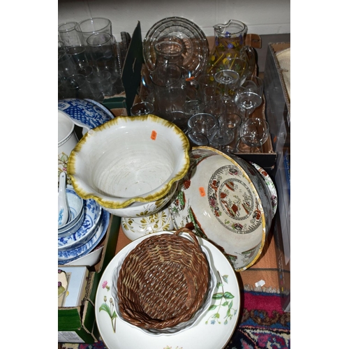 560 - SEVEN BOXES AND LOOSE CERAMICS, GLASS, LINEN ETC, to include Herend square pierced edge dish, Minton... 