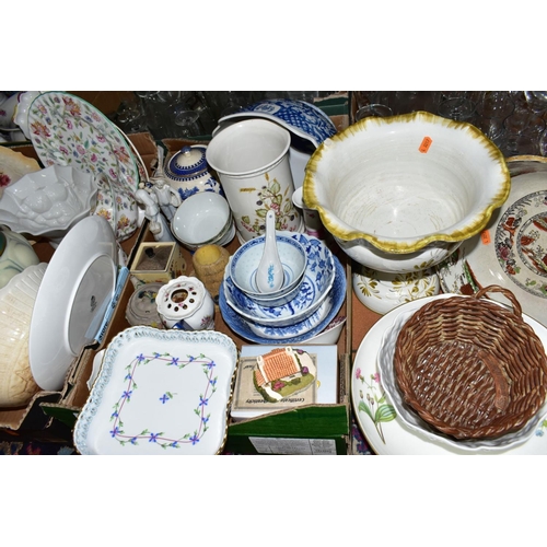 560 - SEVEN BOXES AND LOOSE CERAMICS, GLASS, LINEN ETC, to include Herend square pierced edge dish, Minton... 