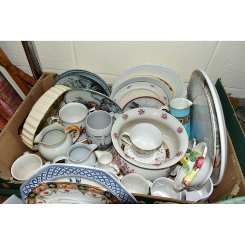 560 - SEVEN BOXES AND LOOSE CERAMICS, GLASS, LINEN ETC, to include Herend square pierced edge dish, Minton... 