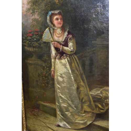 561 - JANE MARIA BOWKETT (1839-1891) a full length portrait of a female figure, wearing a silk dress and b... 