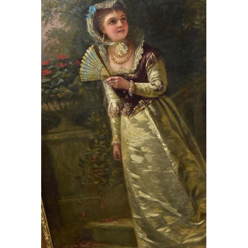 561 - JANE MARIA BOWKETT (1839-1891) a full length portrait of a female figure, wearing a silk dress and b... 