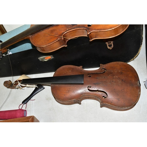 568 - TWO VIOLINS, with a hardcase, both are one piece and in need of attention, together with loose tail ... 