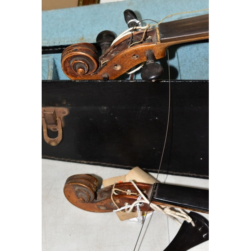 568 - TWO VIOLINS, with a hardcase, both are one piece and in need of attention, together with loose tail ... 