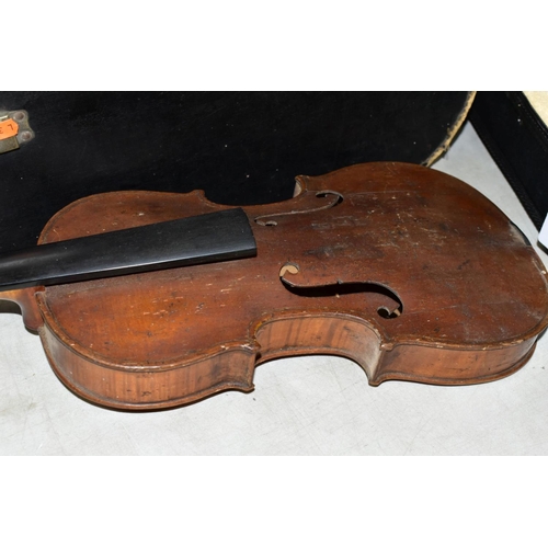 568 - TWO VIOLINS, with a hardcase, both are one piece and in need of attention, together with loose tail ... 