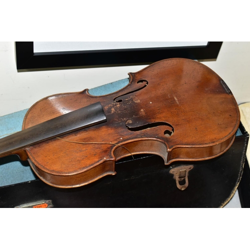 568 - TWO VIOLINS, with a hardcase, both are one piece and in need of attention, together with loose tail ... 