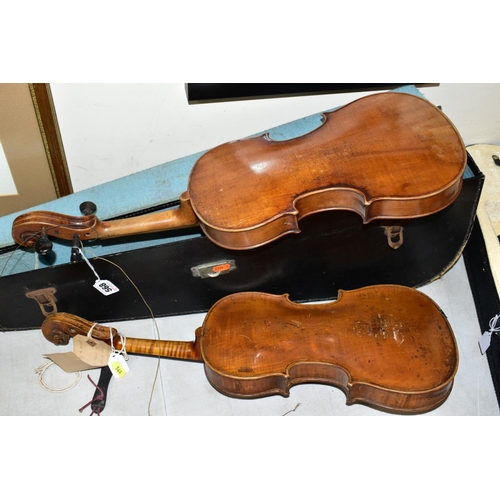 568 - TWO VIOLINS, with a hardcase, both are one piece and in need of attention, together with loose tail ... 