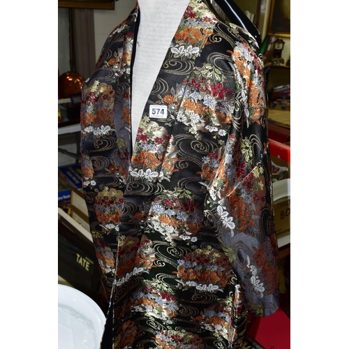 574 - AN ORIENTAL INSPIRED EVENING JACKET, black silk lined, approximate length 78cm (underneath collar to... 