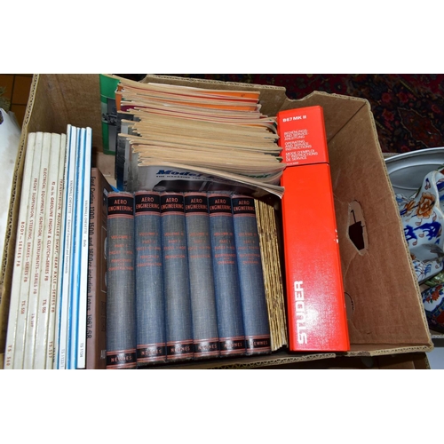 576 - FOUR BOXES OF BOOKS, MAGAZINES, CERAMICS AND GLASS, to include 'Model Engineer' magazines, 'The New ... 