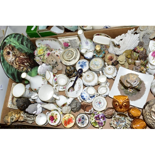 577 - TWO BOXES OF ORNAMENTS, VASES, PLATES, etc, to include Owl figures and plates, miniature teasets, pi... 