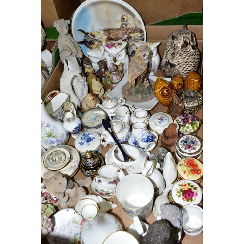 577 - TWO BOXES OF ORNAMENTS, VASES, PLATES, etc, to include Owl figures and plates, miniature teasets, pi... 