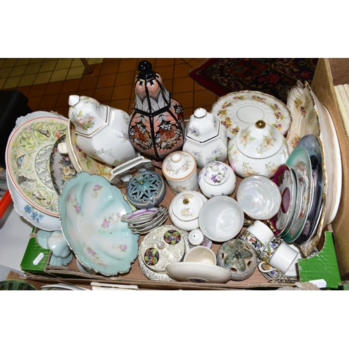 577 - TWO BOXES OF ORNAMENTS, VASES, PLATES, etc, to include Owl figures and plates, miniature teasets, pi... 