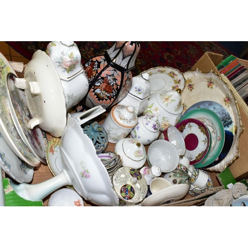 577 - TWO BOXES OF ORNAMENTS, VASES, PLATES, etc, to include Owl figures and plates, miniature teasets, pi... 