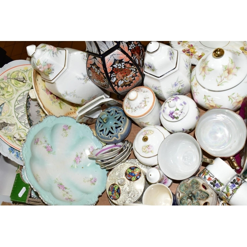 577 - TWO BOXES OF ORNAMENTS, VASES, PLATES, etc, to include Owl figures and plates, miniature teasets, pi... 