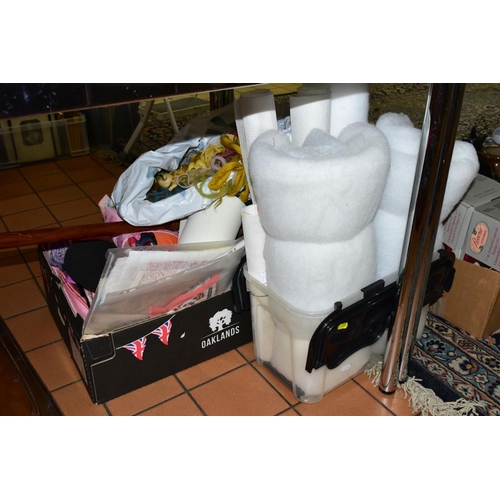 579 - TWO BOXES OF NEEDLEWORK EQUIPMENT ETC, to include tapestry wool, quilting material and wadding, fabr... 