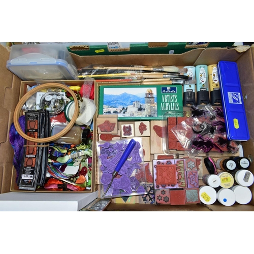 580 - THREE BOXES OF CRAFTING AND NEEDLEWORK EQUIPMENT, including a plastic carry case of reels of coloure... 