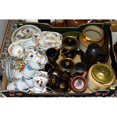 583 - FOUR BOXES OF 19TH AND 20TH CENTURY CERAMICS, KITCHEN SUNDRIES ETC, including an early 19th century ... 