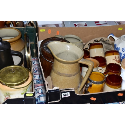 583 - FOUR BOXES OF 19TH AND 20TH CENTURY CERAMICS, KITCHEN SUNDRIES ETC, including an early 19th century ... 