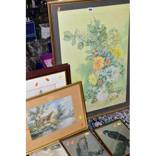 586 - PAINTINGS AND PRINTS ETC, comprising a still life study of flowers in a vase, signed M.A.Hemus, wate... 