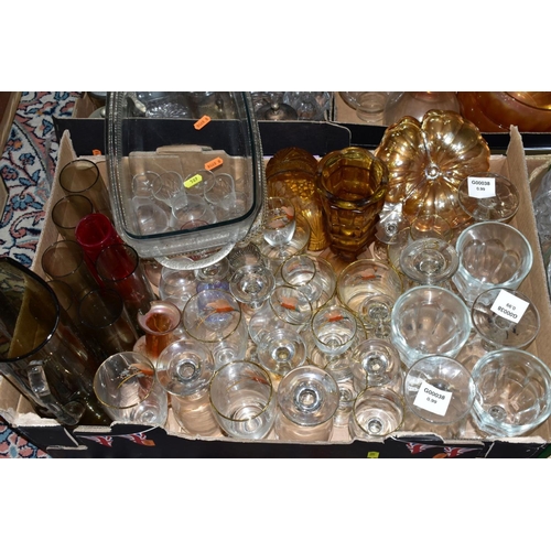 589 - SIX BOXES AND LOOSE OF GLASSWARES, to include boxed pressed punch bowl and glasses, carnival glass, ... 