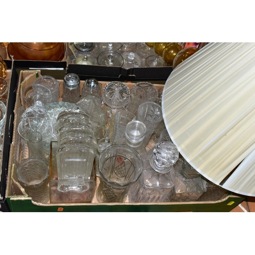 589 - SIX BOXES AND LOOSE OF GLASSWARES, to include boxed pressed punch bowl and glasses, carnival glass, ... 