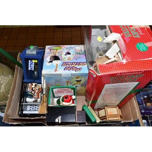 591 - TWO BOXES OF BOOKS, LPS, CD'S, NOVELTY CHRISTMAS DECORATIONS, etc, including a Victorian stoneware b... 