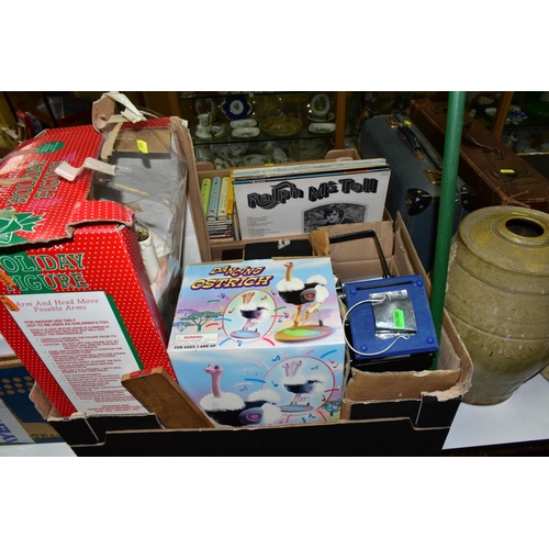 591 - TWO BOXES OF BOOKS, LPS, CD'S, NOVELTY CHRISTMAS DECORATIONS, etc, including a Victorian stoneware b... 